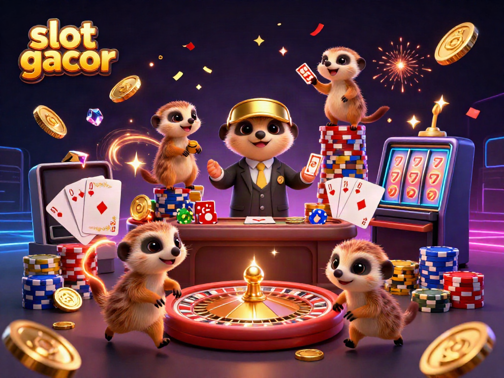 Slot gacor ceria dengan kolonisasi meerkat yang menjalankan kasino, dikelilingi koin emas dan permata berkilau.