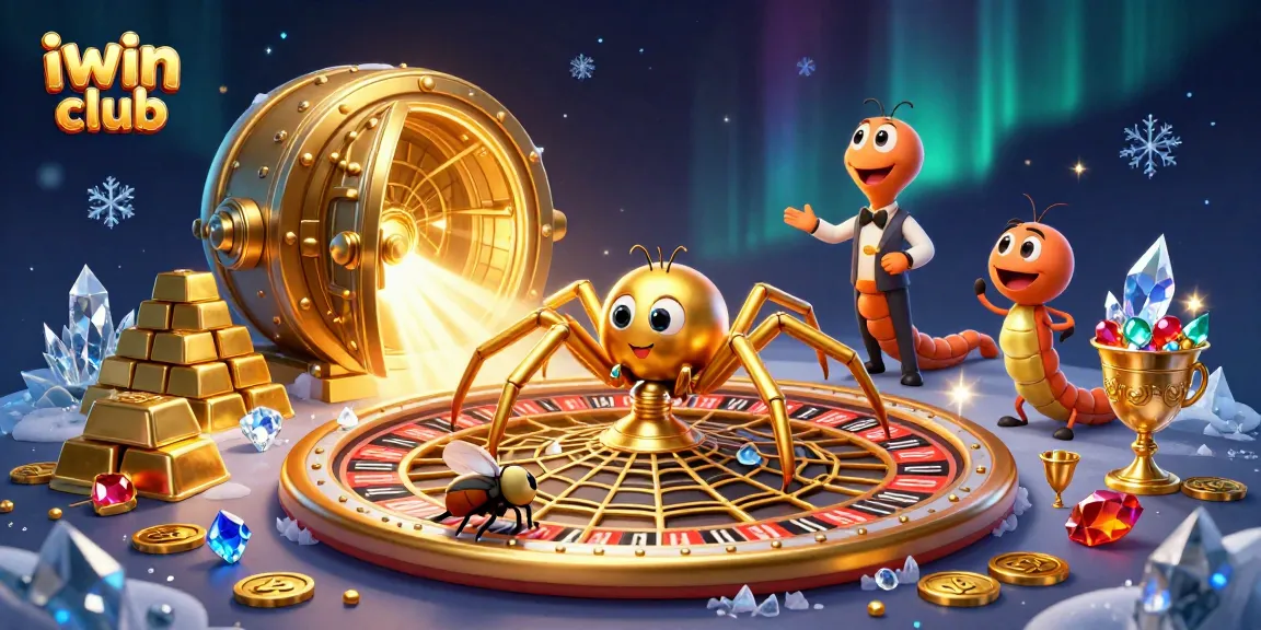 Experience the excitement of iwin club with a dynamic 3D casino scene featuring whimsical characters and vibrant treasures.