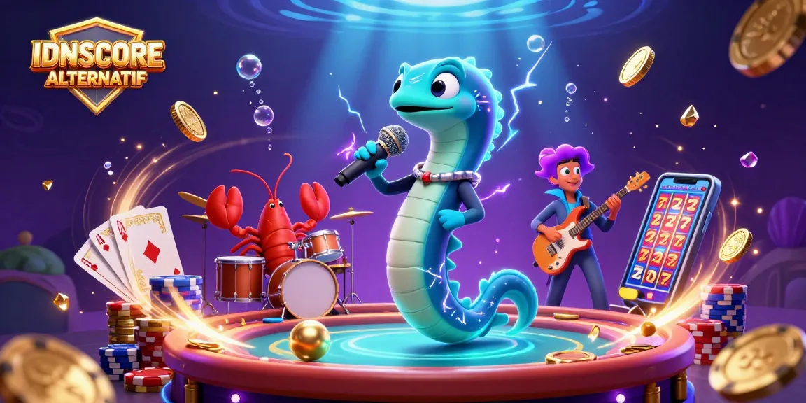 Experience the thrill of IDNSCORE ALTERNATIF with a vibrant underwater casino scene featuring a DJ electric eel and dynamic game elements.