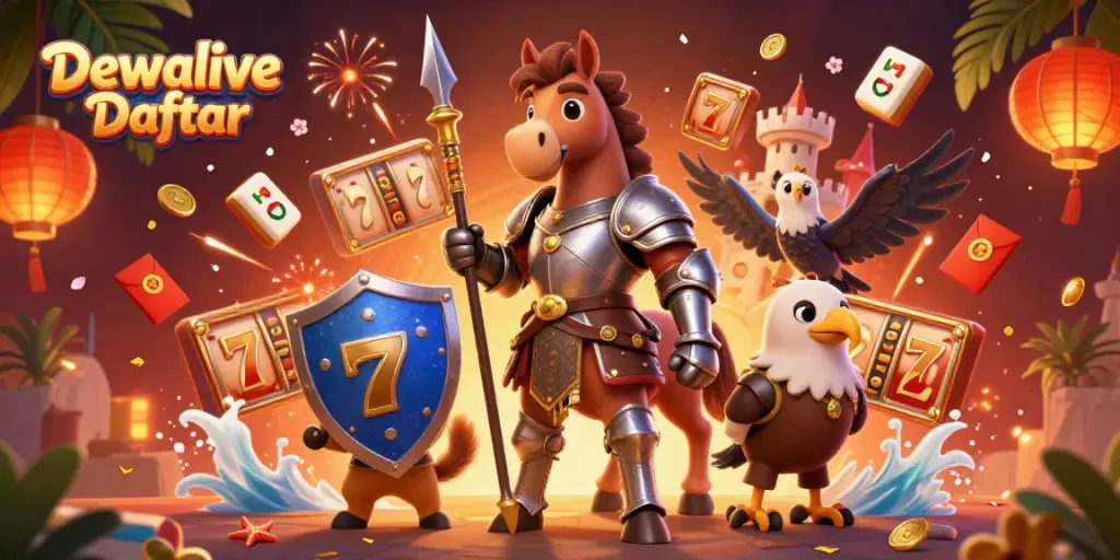 Dewalive Daftar showcases a vibrant casino scene with winnings symbols and characters enhancing the gaming experience.