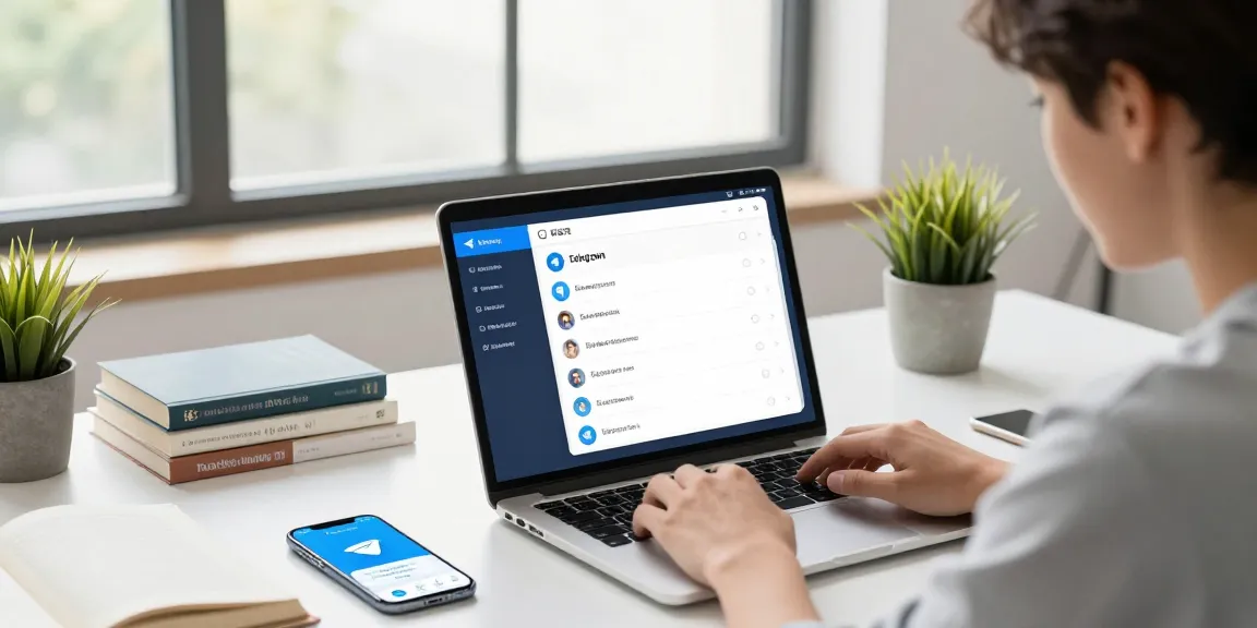 User customizing the Telegram app in Chinese language settings, showcasing a tech workspace with vibrant decor.