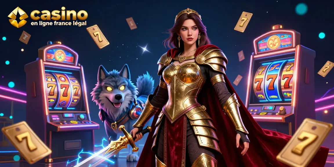 Engagez-vous avec le casino en ligne France légal dans un monde 3D vibrant de machines à sous mettant en vedette une reine guerrière et un loup armé.