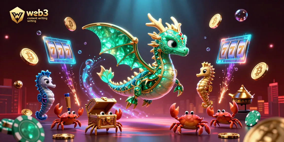 Engaging web3 content writing illustration featuring vibrant casino elements like Bitcoin coins and slot reels.