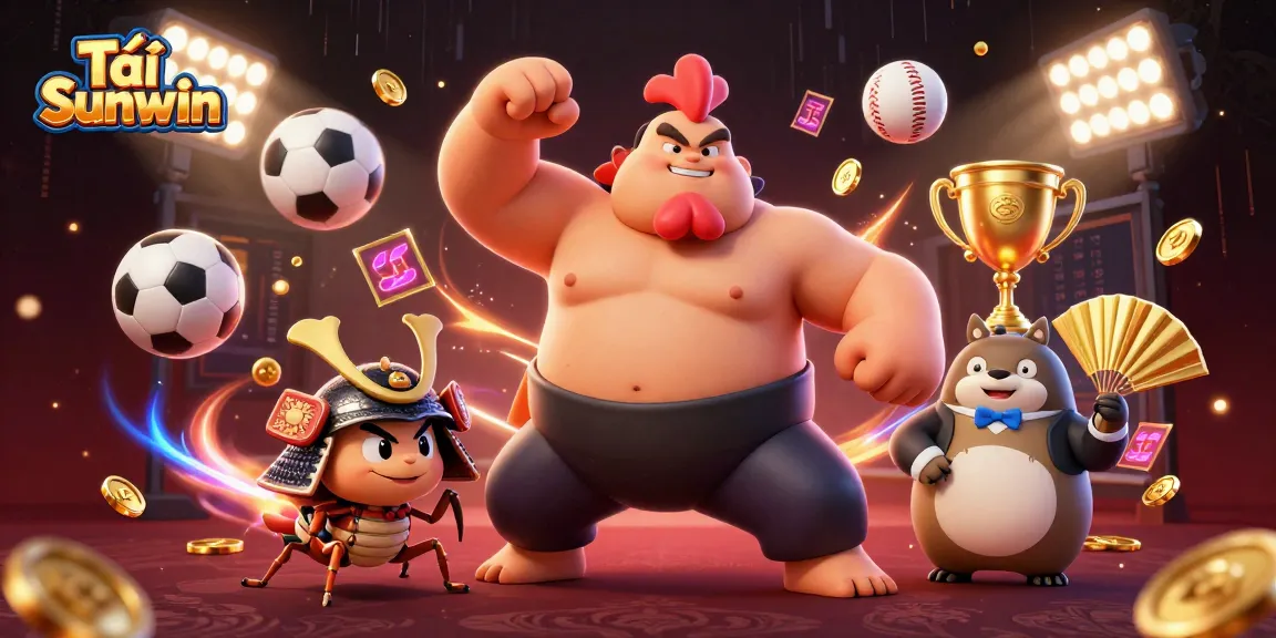 Tải Sunwin illustrated with a powerful sumo wrestler rooster, fierce cricket, and a tanuki announcer in a vibrant casino setting