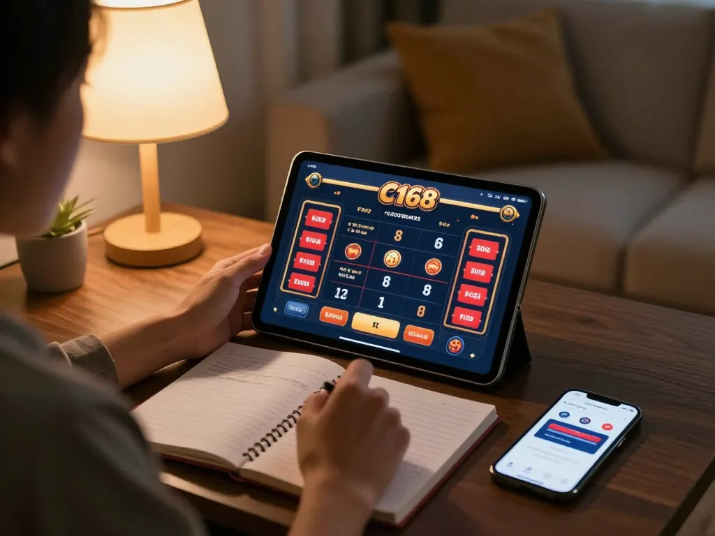 C168 user engaged in online casino gaming at home with cozy atmosphere and strategic notes