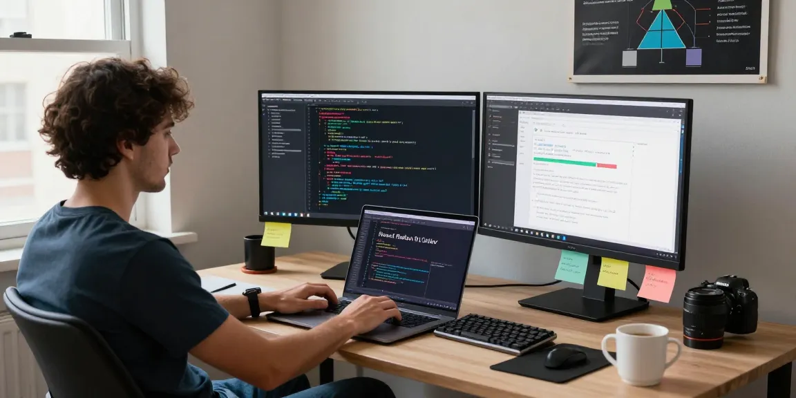 Developer coding React Redux projects for beginners in a bright workspace with monitors showing implementation details.
