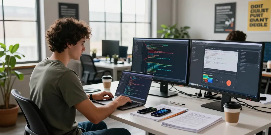 Developer coding on laptop in bright office showcasing telegram中文 interface, modern workspace.
