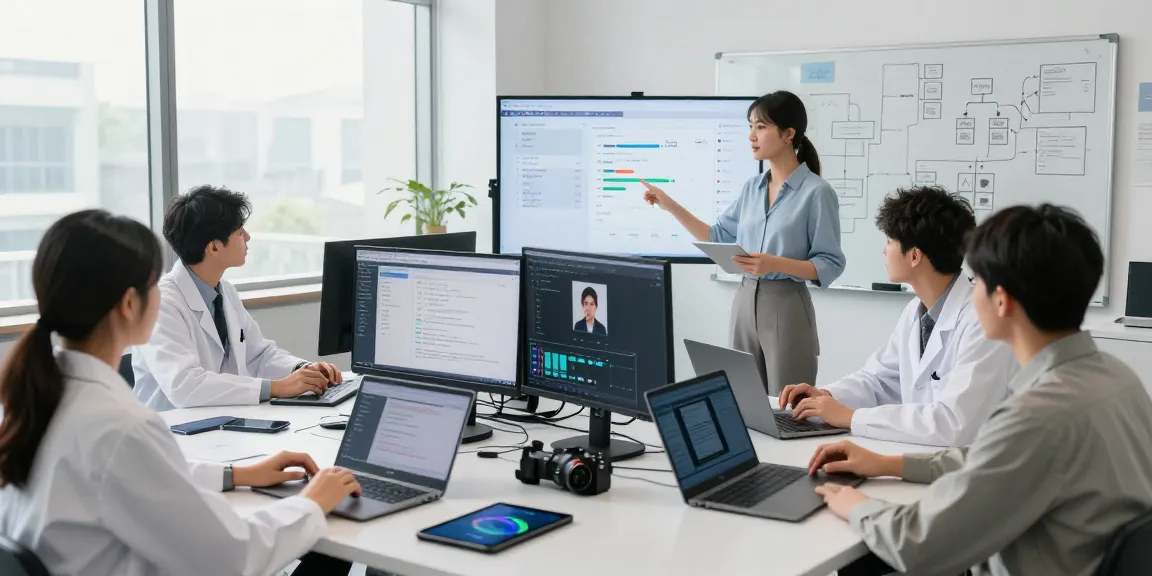 Detect AI image analysis in a modern lab featuring professionals collaborating on AI moderation solutions.