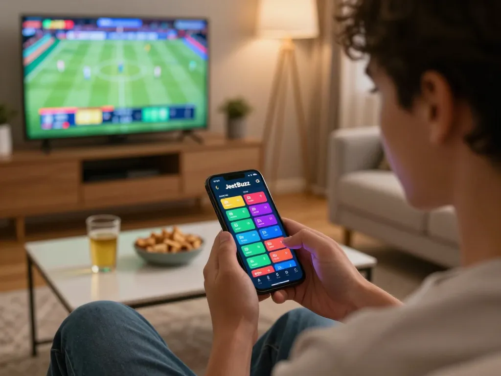 Engaged user betting on JeetBuzz app in cozy home setting, smartphone displaying sports betting interface