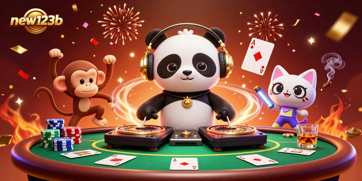 Experience the vibrant new123b casino scene with dynamic gaming characters celebrating with poker elements.