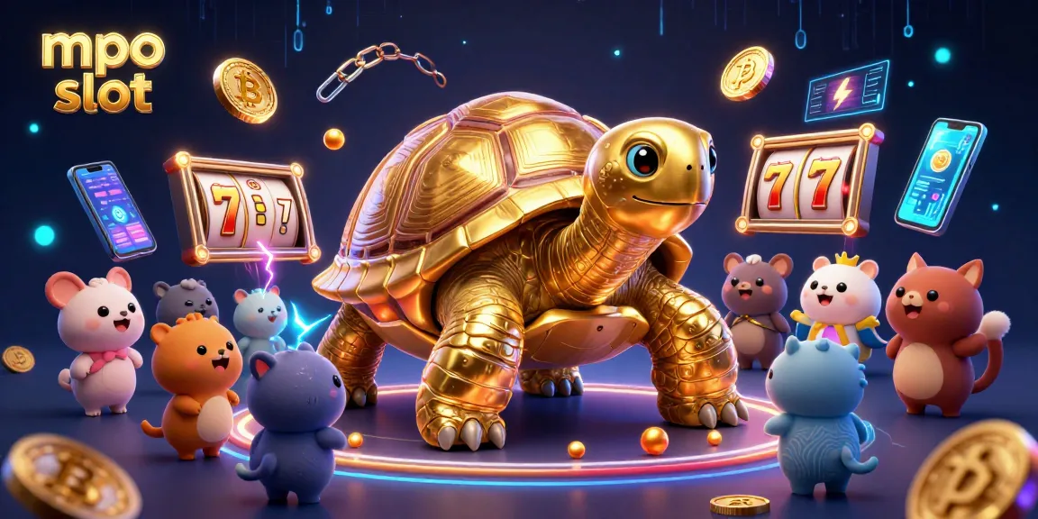 Spin and win with mpo slot in a vibrant 3D scene featuring a golden tortoise and gambling excitement.