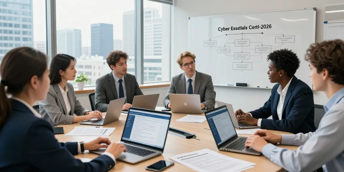Team collaborating on how to get cyber essentials certified with laptops and documents in a bright office