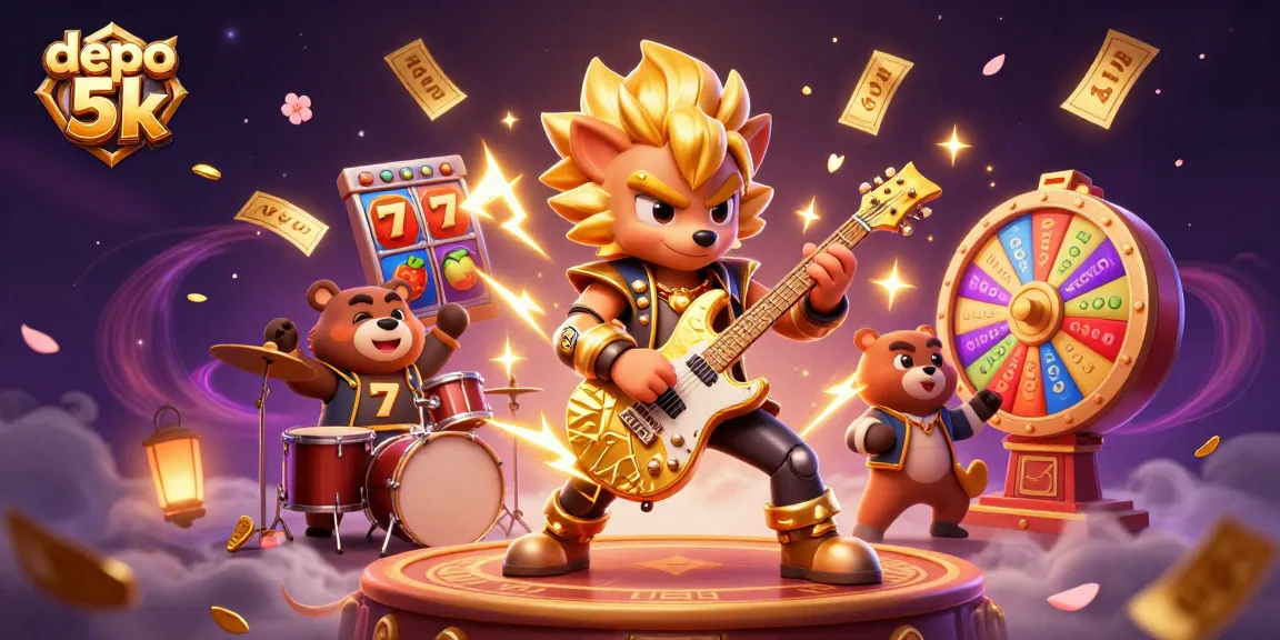 Join the action with depo 5k in this vibrant 3D casino illustration filled with slots, bonuses, and jackpots!