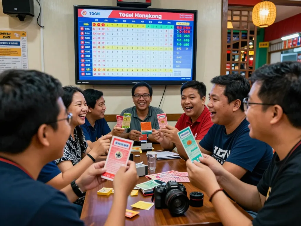 Togel Hongkong players excitedly viewing results in a lively lounge atmosphere.