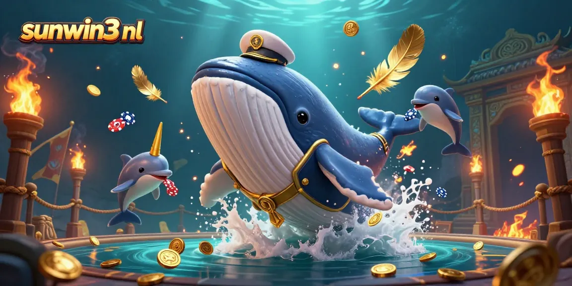 Play slots and win big with sunwin3 nl as a whale breaches through coins in this vibrant 3D illustration.