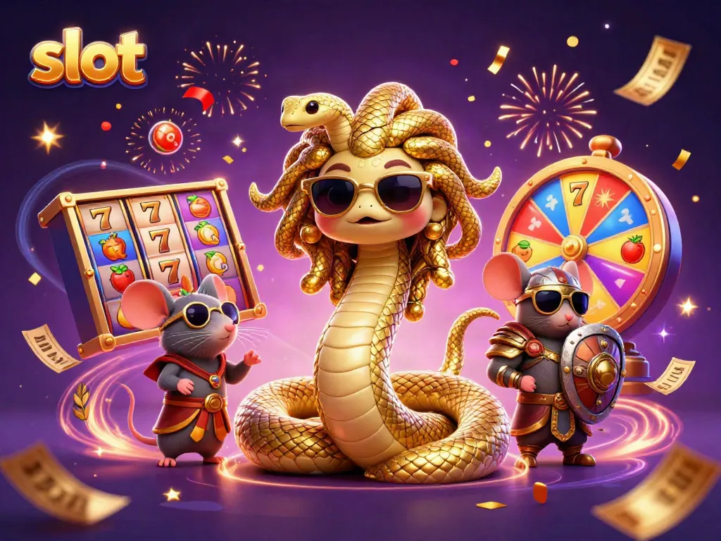 Engaging slot-themed 3D illustration featuring Medusa, a warrior mouse, and lively slot symbols.