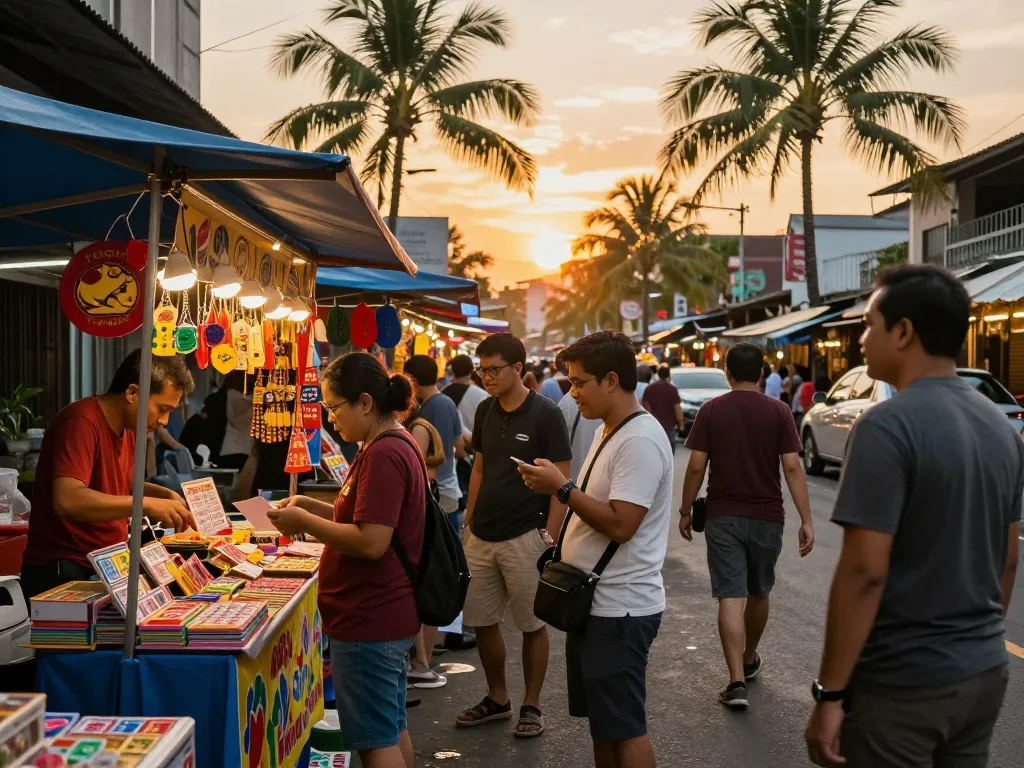 Players engaging with Togel Hongkong merchandise at a vibrant street market.