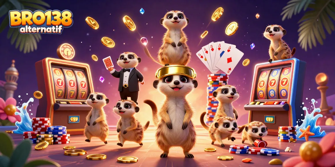 Engage in thrilling moments of BRO138 alternatif with meerkats managing a bustling slot casino.