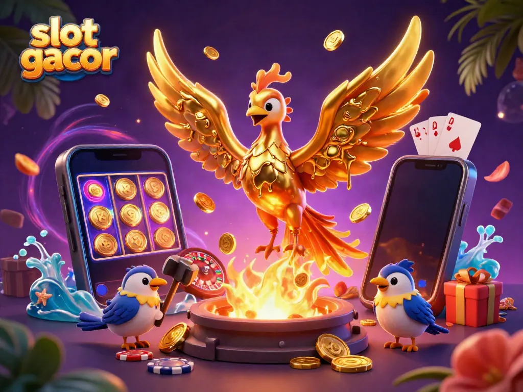 Experience a vibrant scene of slot gacor action with a molten phoenix and gaming elements.