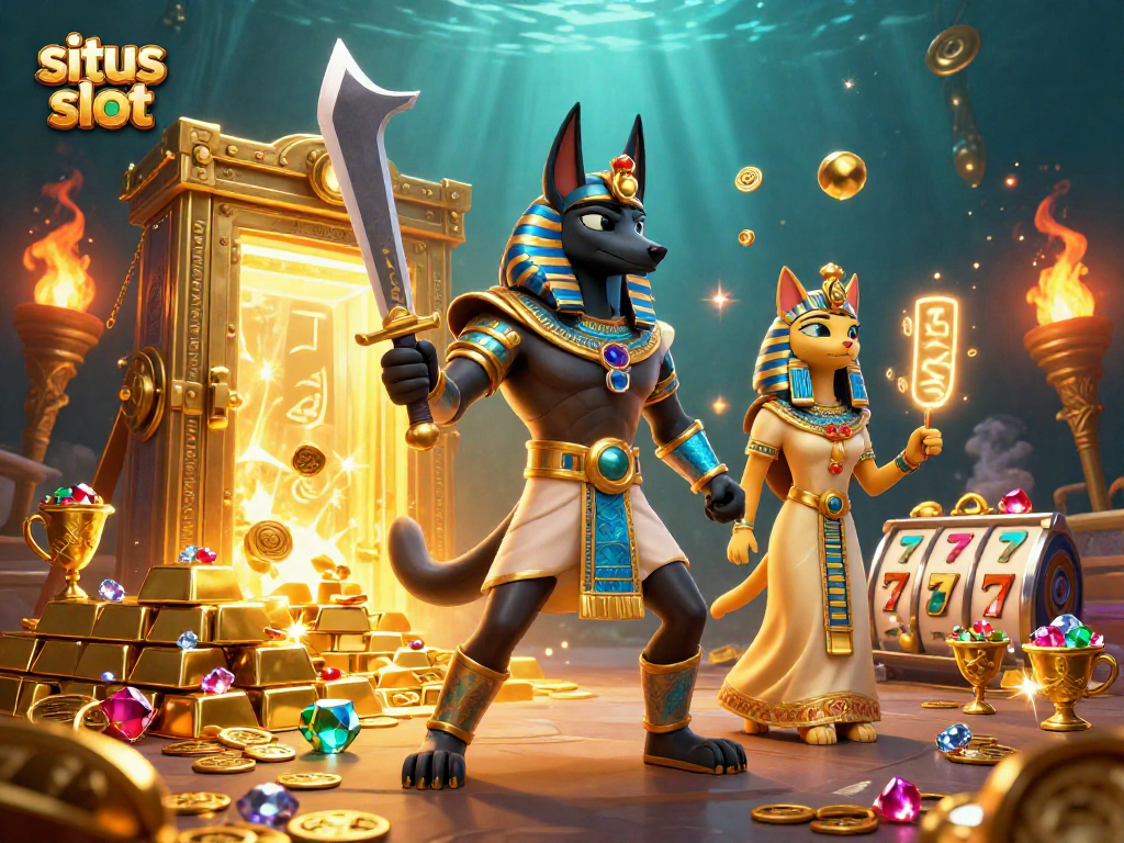 Experience excitement at situs slot with Anubis and Bastet amidst golden treasures and slot symbols.