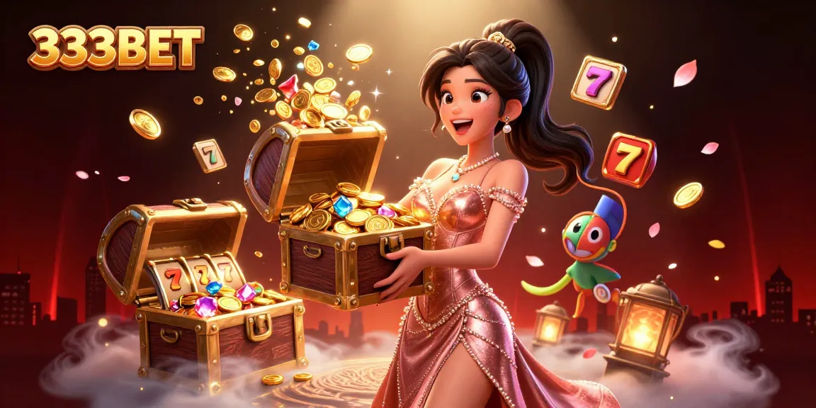 Engage with excitement at 333BET, featuring treasures and spinning slots in a vibrant casino scene.