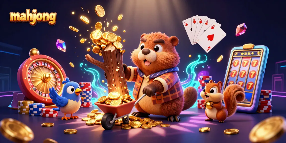 Play mahjong with a cartoon beaver and friends collecting gold coins in a lively casino scene.