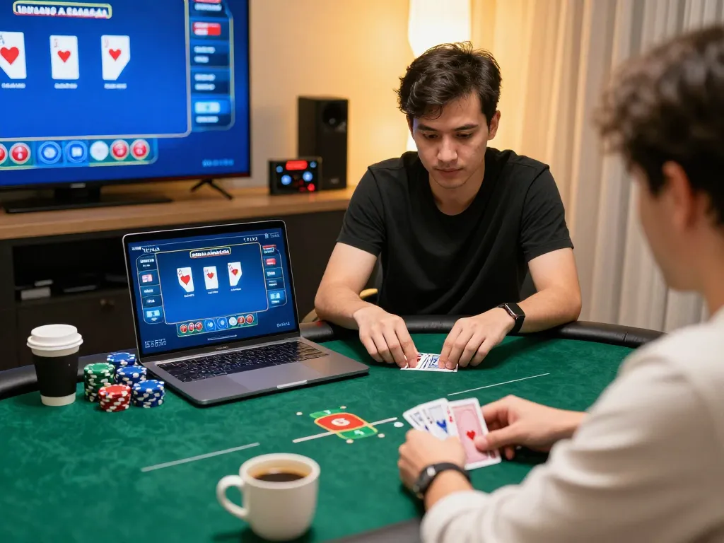 Engaging online gaming scenery showcasing Poker Uang Asli Dominobet on laptop with chips and cards visible.