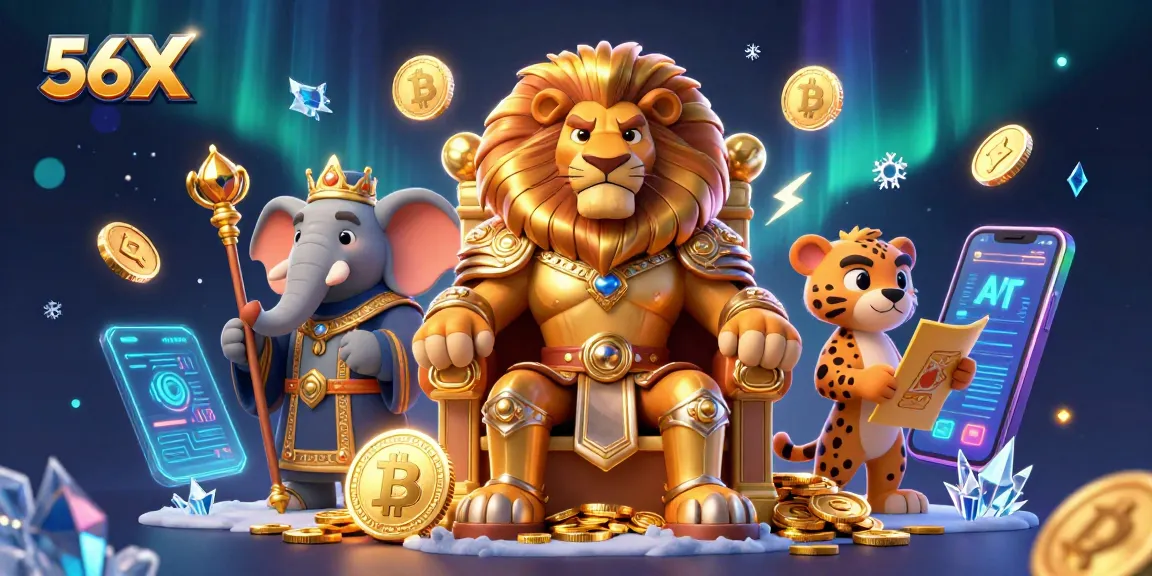 Experience the 56X online casino with a fierce lion king, wise elephant, and dynamic cheetah amid crypto coins.