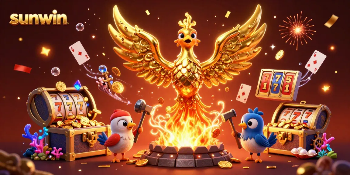 Experience thrilling wins at sunwin with stunning 3D illustrations of golden phoenix and vibrant casino elements.