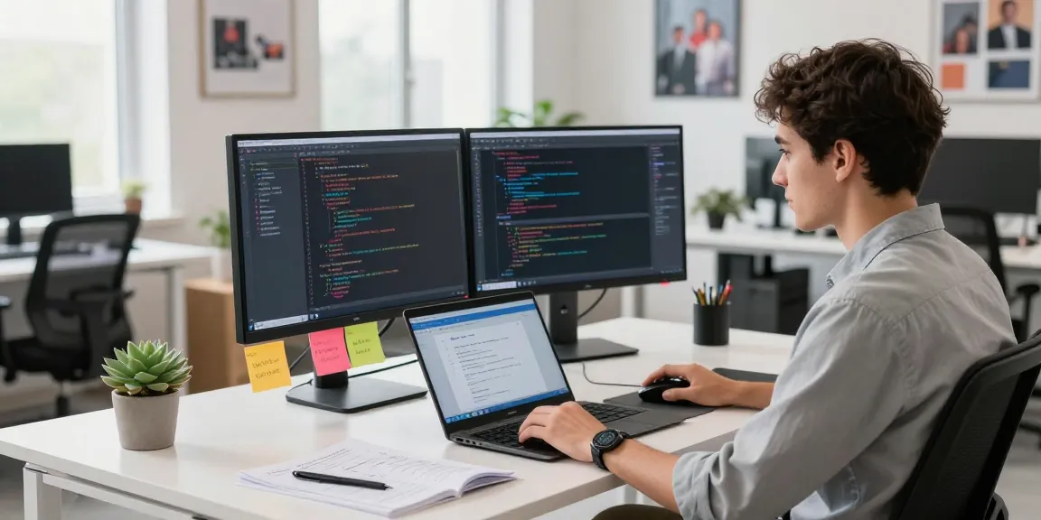 Efficient workspace showcasing the 纸飞机中文版 app development, with dual monitors and vibrant office atmosphere.
