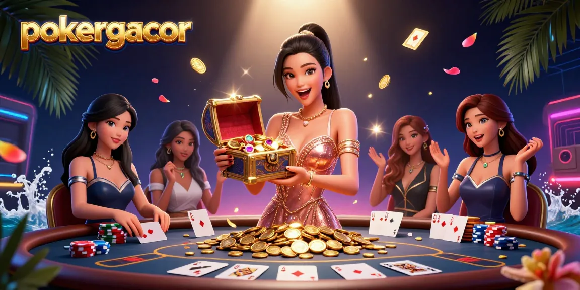 Experience poker excitement with pokergacor, featuring vibrant casino elements and a dazzling treasure chest.