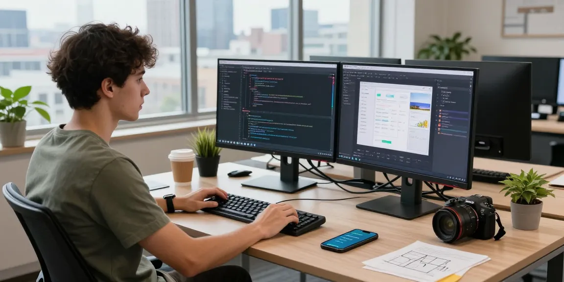 Developer working on dual screens featuring 纸飞机中文版 app development in a modern office setting.