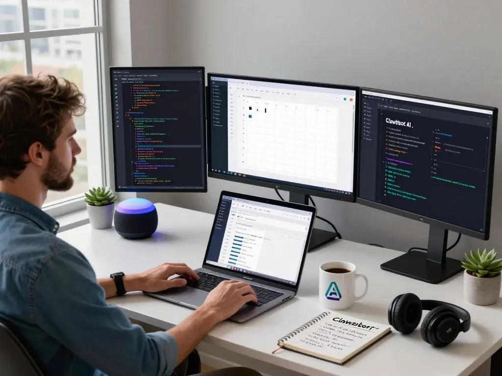 Workspace featuring clawdbot ai interface on multiple screens, showcasing productivity and innovation.