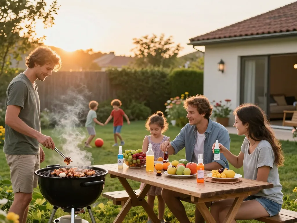 Family enjoying summer barbecue with Best Mosquito Repellent products visible on table, emphasizing outdoor comfort.