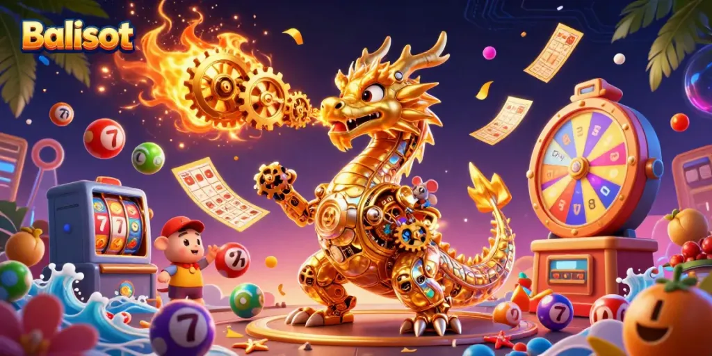 Balislot engaged in thrilling games with a golden dragon and dynamic gambling items.