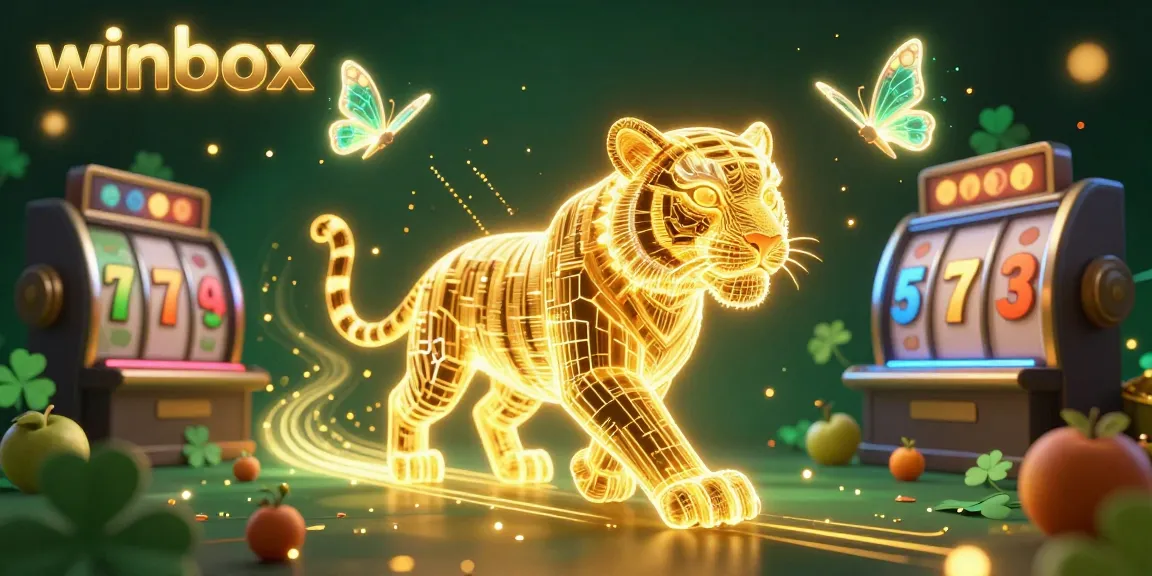 Experience winbox gaming excitement with a golden tiger and holographic elements in a vibrant casino.