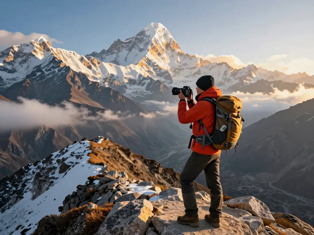 Adventurous traveler at the summit during Everest Base Camp Heli Trek with stunning Himalayan vistas.