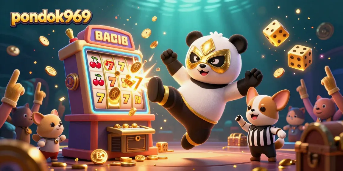Pondok969 offers vibrant gaming action with colorful slots and excited spectators in a dynamic 3D casino scene.