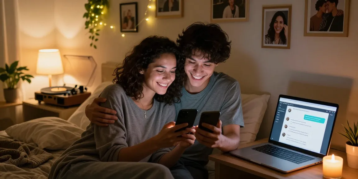 Couple using sexting AI for intimate text messages in a cozy bedroom.