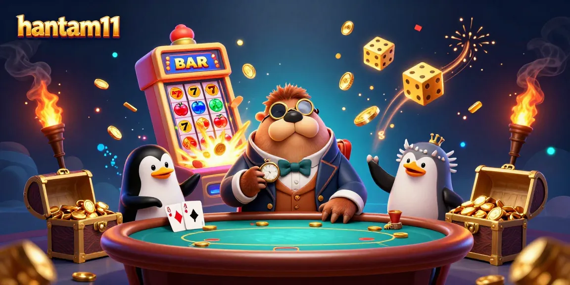 Experience hantam11's underwater poker scene with coin explosions and vibrant characters