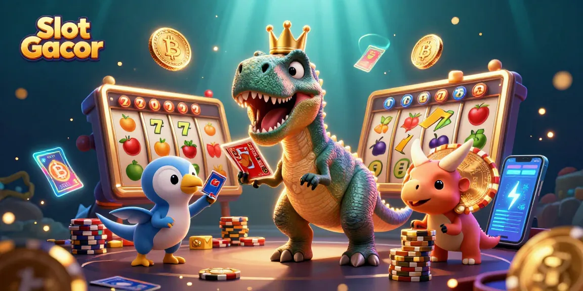 Slot Gacor action scene featuring characters playing with jackpot reels and colorful coins around them, ideal for online gambling.