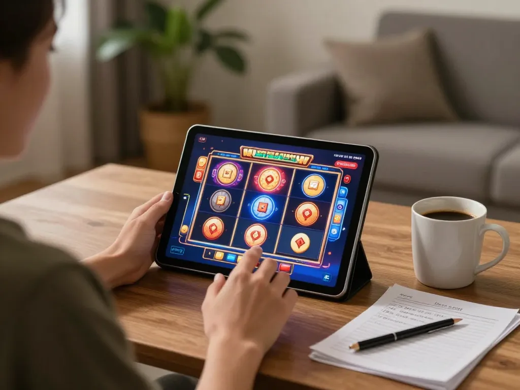 Engaging in online slot gameplay on a tablet with strategy notes nearby, promoting skillful gaming.