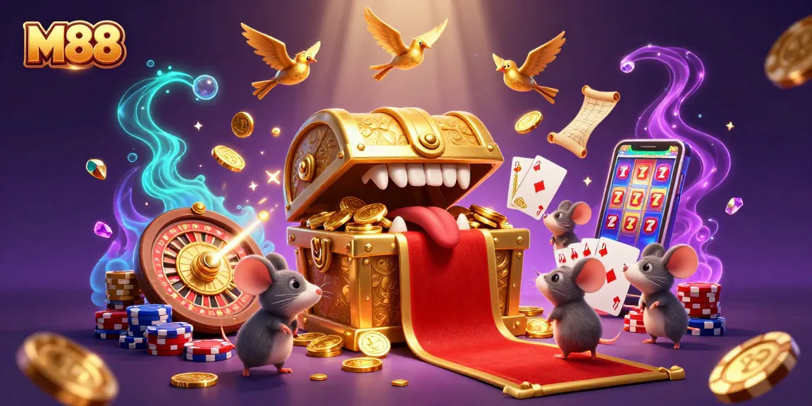M88 offers a thrilling adventure with golden treasures and casino excitement, showcasing vibrant slots and riches.