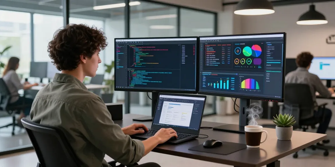 NAGA2000 software developer working with dual monitors in a modern tech workspace.