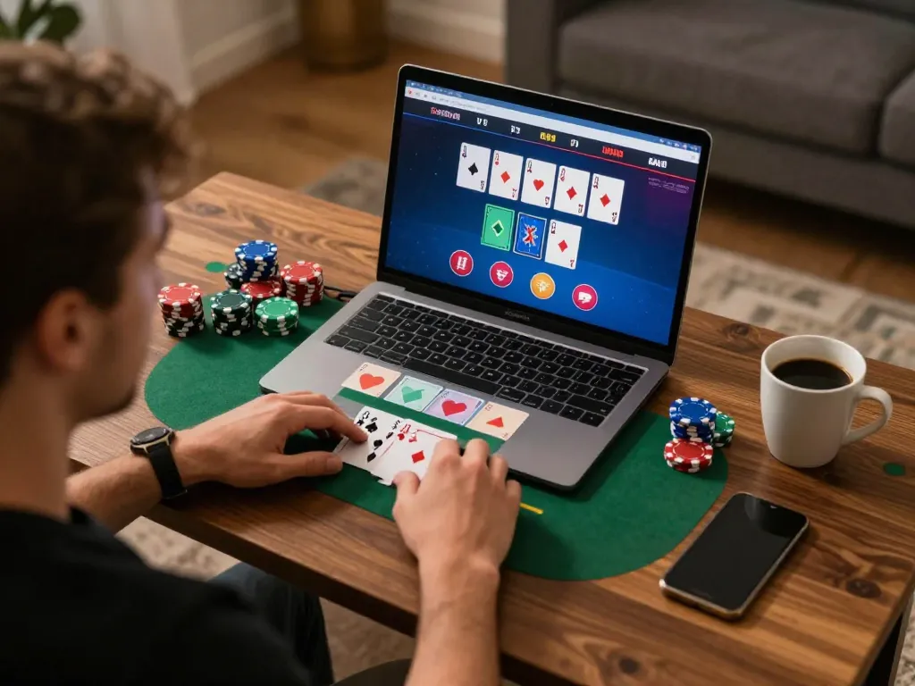Go99 player analyzing poker strategies during home gaming session.
