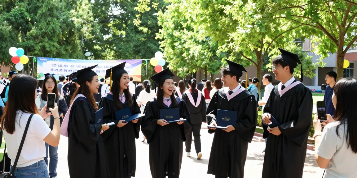University and trade schools graduates celebrating their achievements outdoors amidst joyful atmosphere and vibrant surroundings.