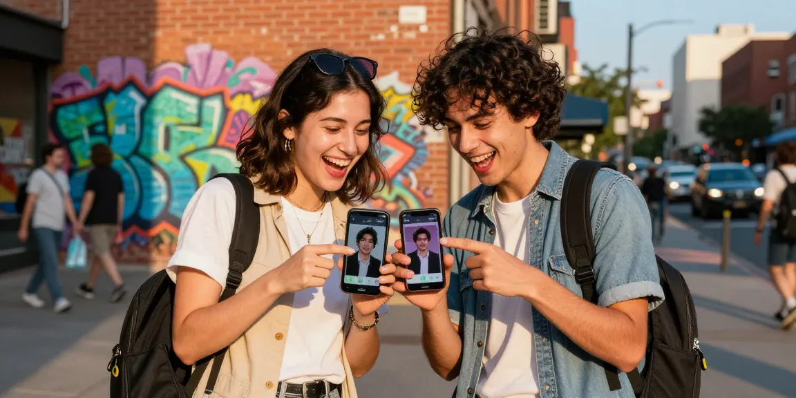 Two friends excitedly comparing results of celebrities that look alike app on their phones in vibrant urban setting.