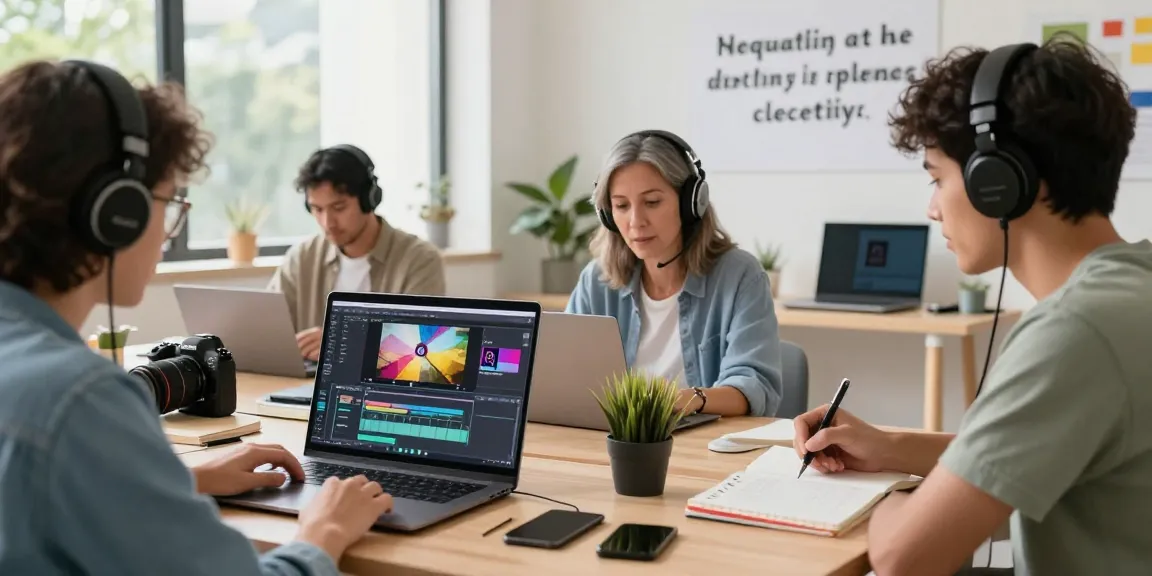 Group engaged in the best video editing course for beginners utilizing modern tools and collaborative learning.