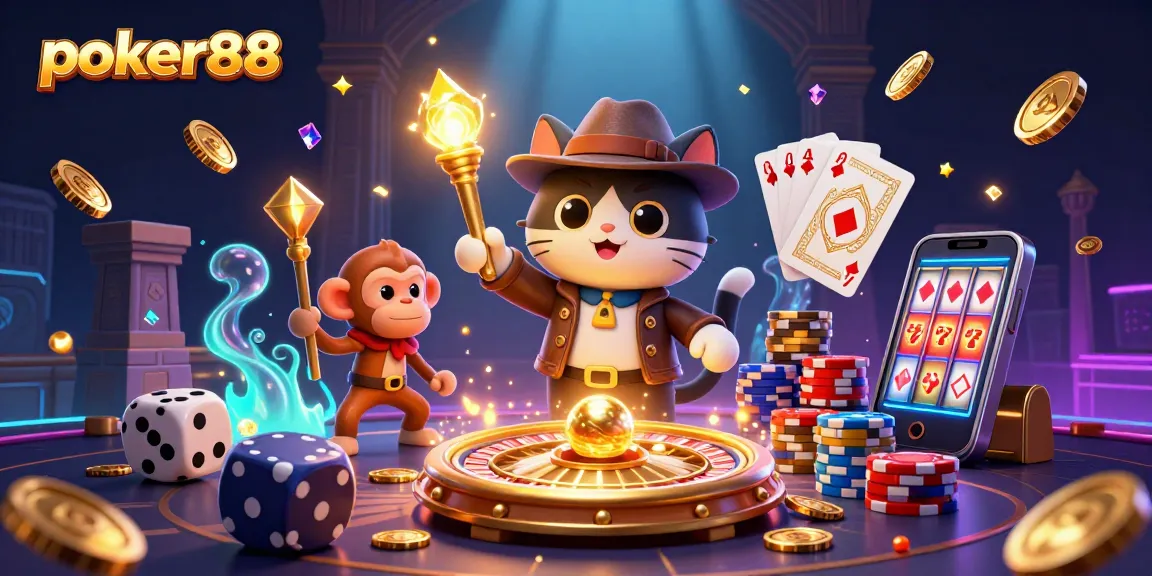 Engage in poker88 action with an explorer cat discovering casino treasures amidst cascading gold and vibrant poker elements.