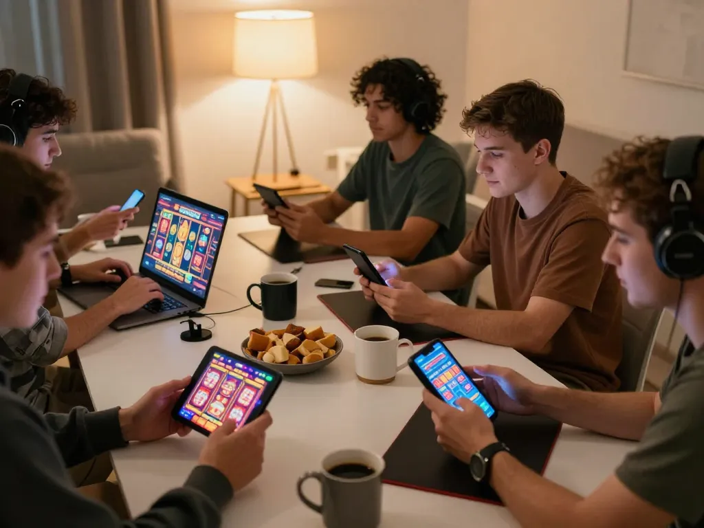 Players enjoying slot gacor hari ini on mobile apps in a cozy home environment